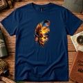 T-shirt featuring a hand-painted feather containing a lakeside sunset