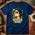 Wander More T-shirt showing a traveller in a beanie with distant mountain peaks