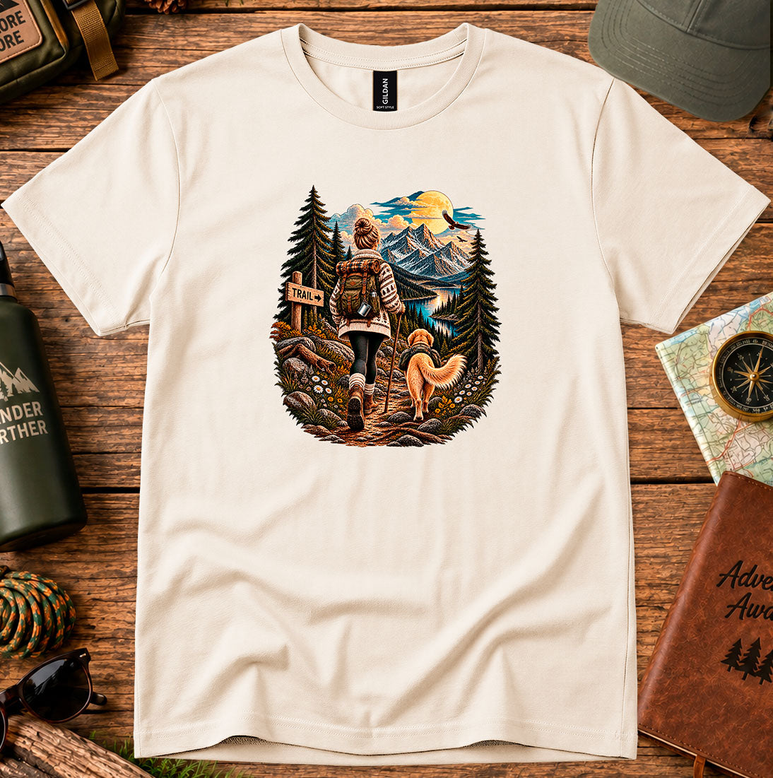 T-shirt featuring a hiker at a trail sign overlooking a mountain valley