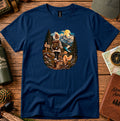 T-shirt featuring a hiker at a trail sign overlooking a mountain valley