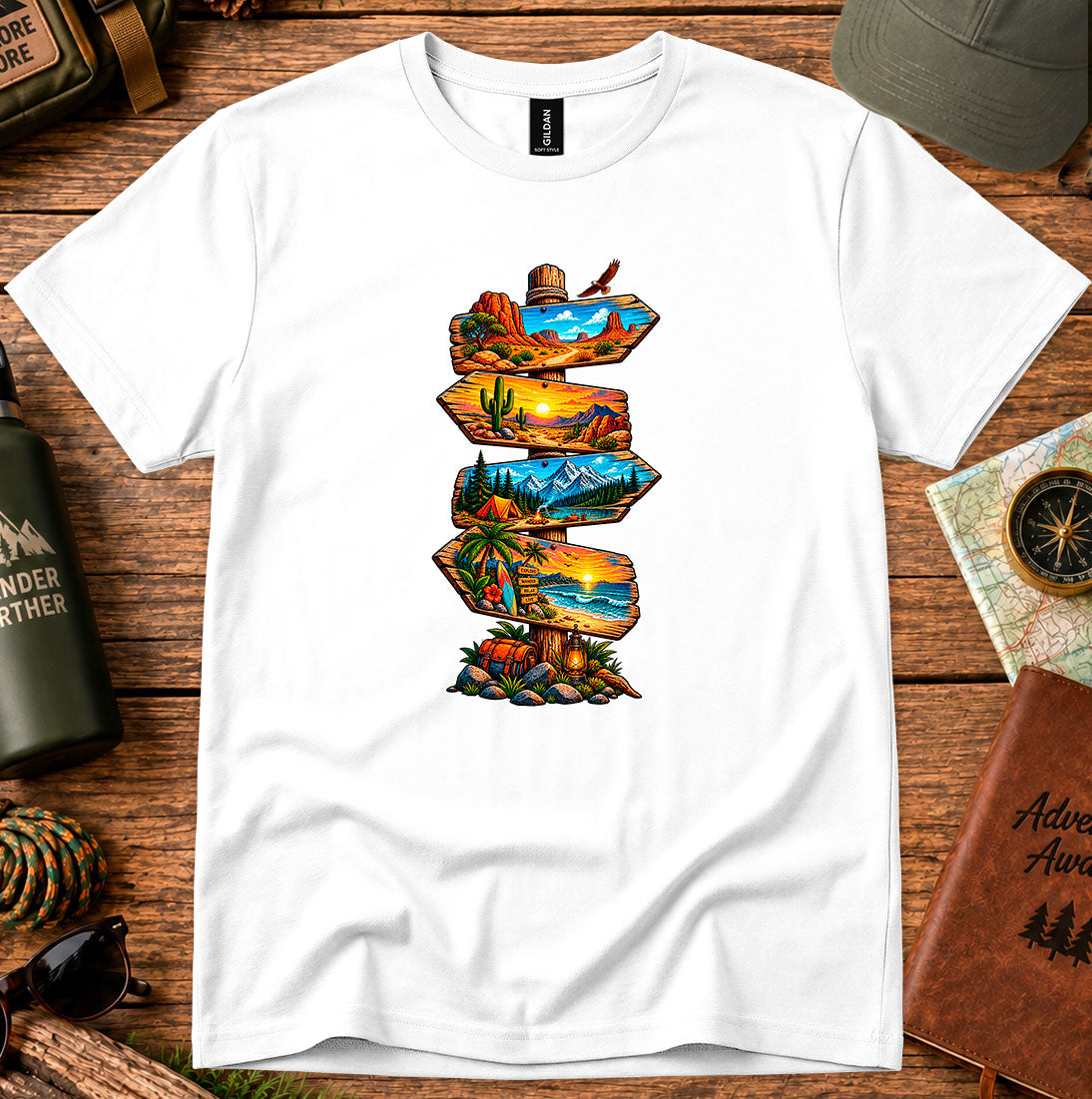 T-shirt featuring stacked signboards with desert, canyon and mountain lake landscapes