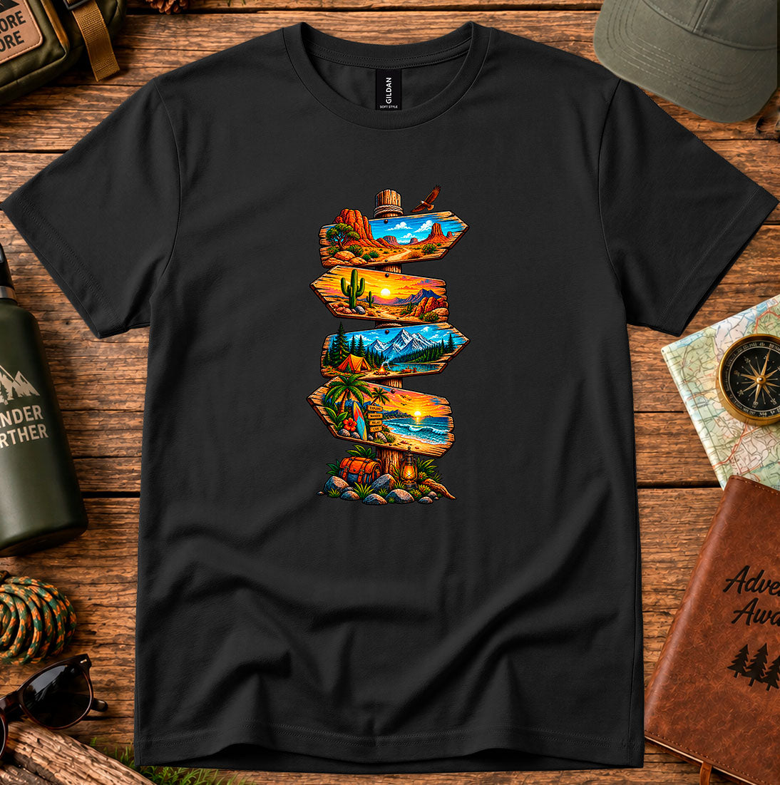 T-shirt featuring stacked signboards with desert, canyon and mountain lake landscapes