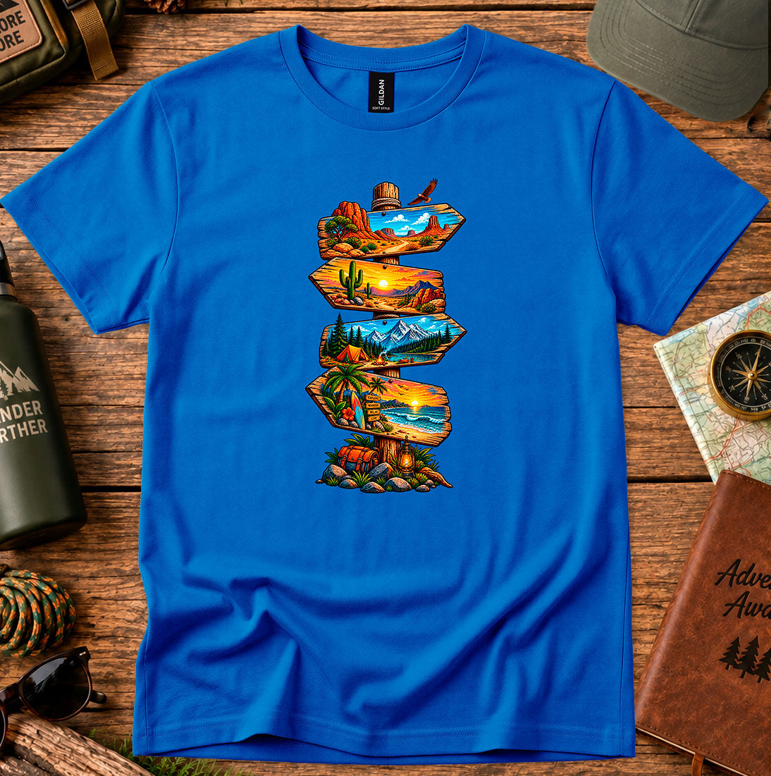 T-shirt featuring stacked signboards with desert, canyon and mountain lake landscapes
