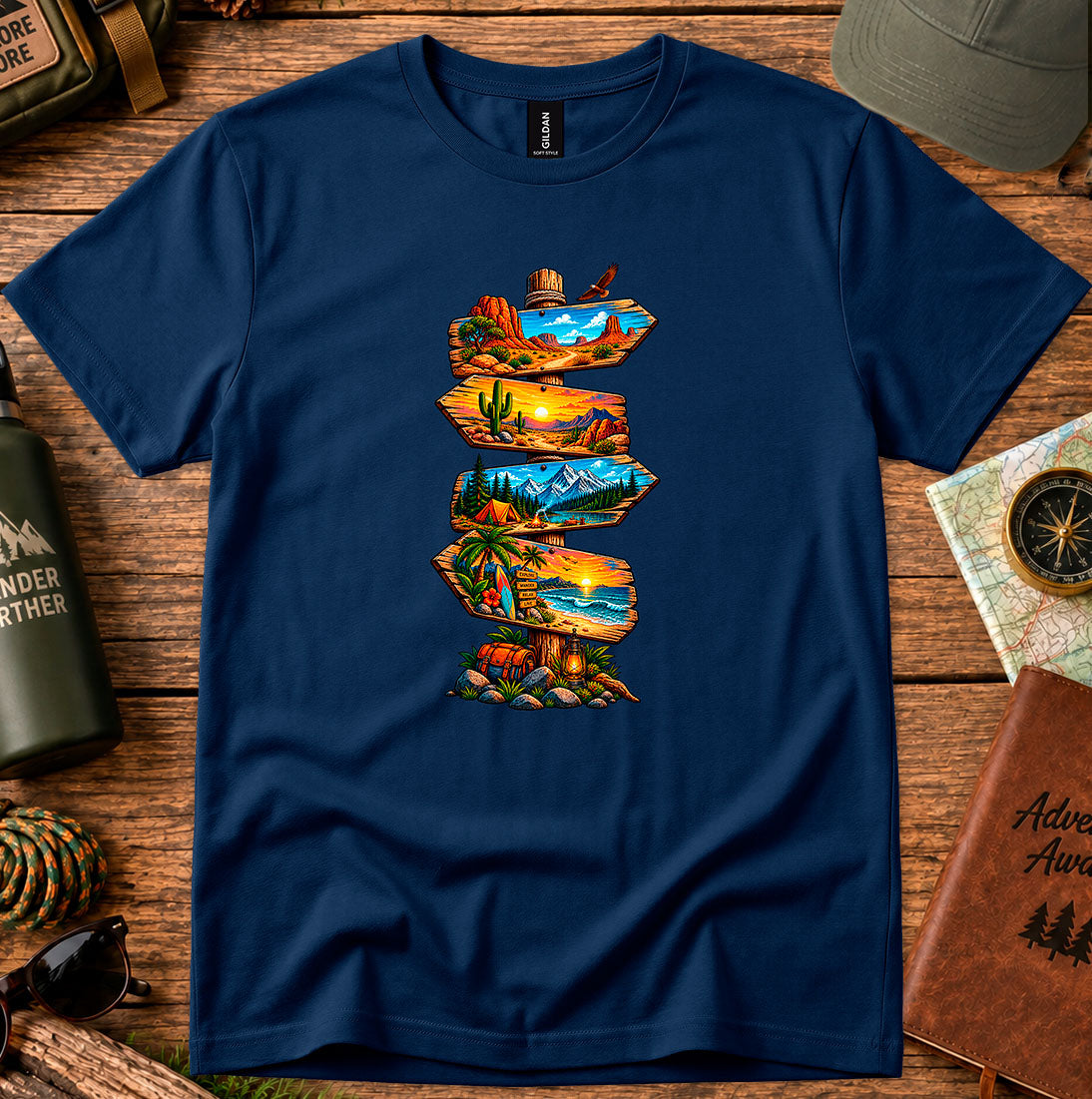 T-shirt featuring stacked signboards with desert, canyon and mountain lake landscapes