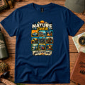 T-shirt featuring small outdoor scenes with Nature Over Notifications lettering