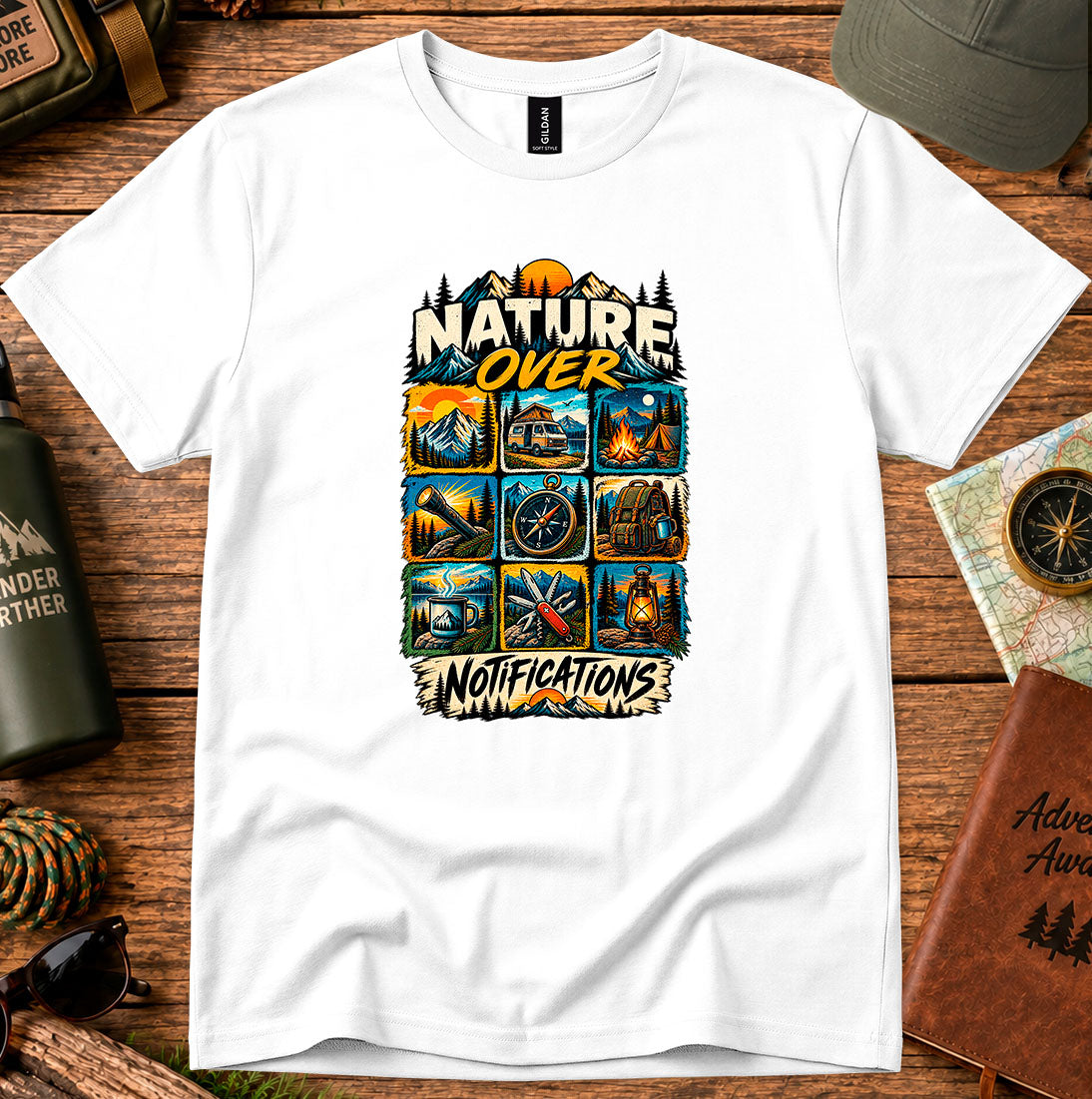 T-shirt featuring small outdoor scenes with Nature Over Notifications lettering