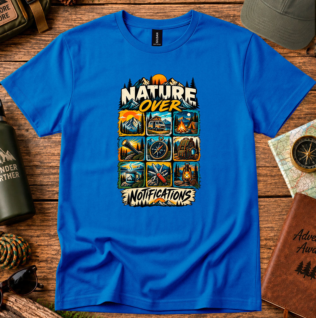 T-shirt featuring small outdoor scenes with Nature Over Notifications lettering