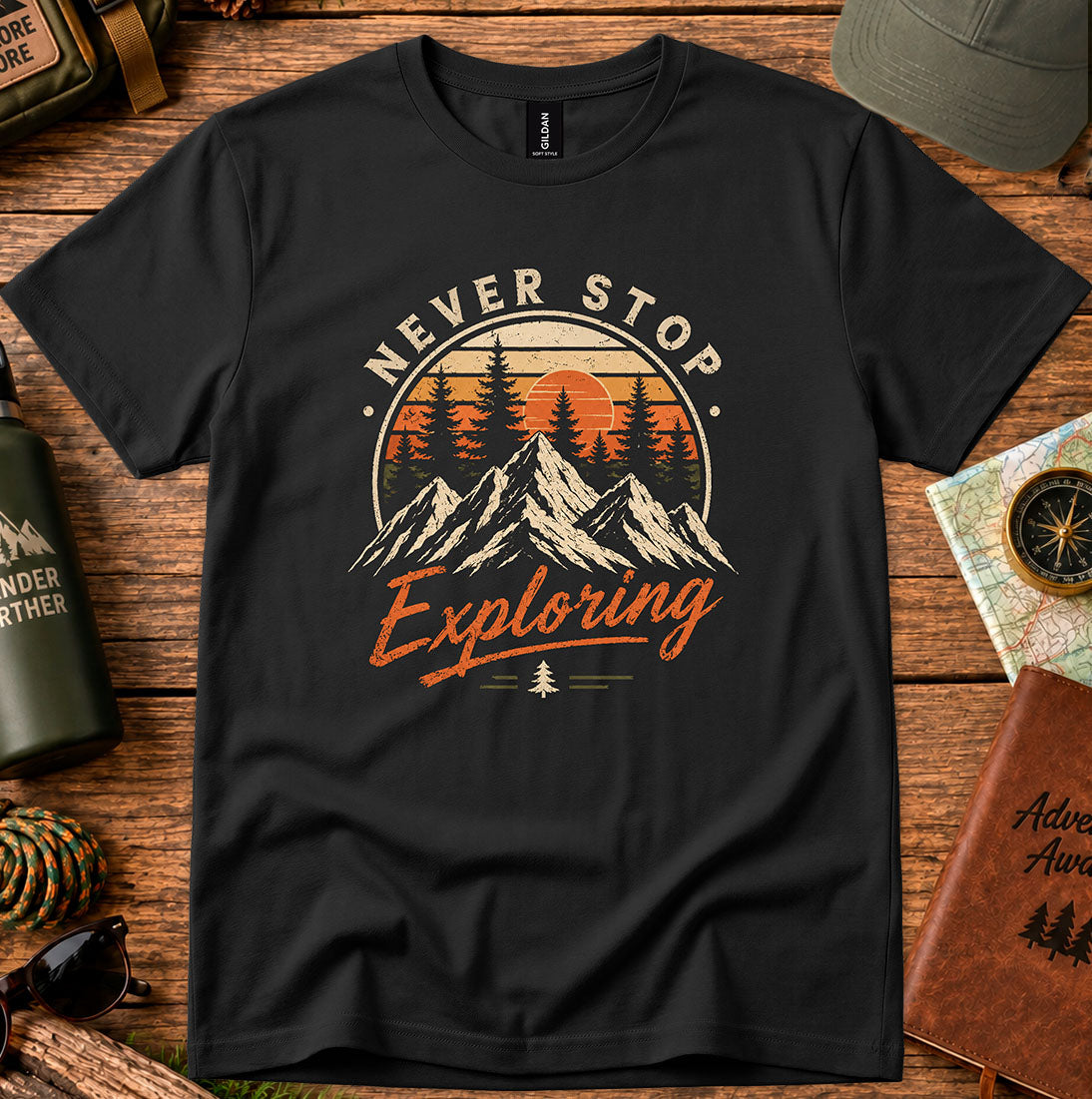 T-shirt featuring a vintage-inspired mountain scene with pine trees
