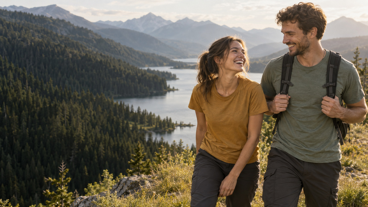 Happy young adult couple enjoying a mountain lake hike