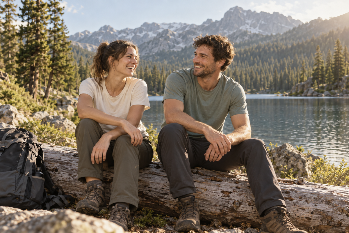Happy adult couple relaxing beside a mountain lake