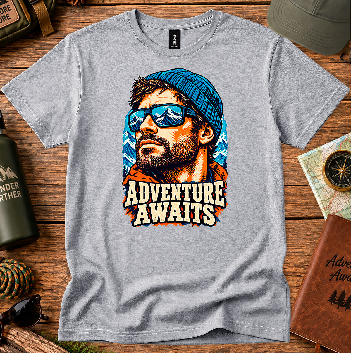 Adventure Awaits T-shirt with a vintage portrait of an outdoorsman wearing a beanie