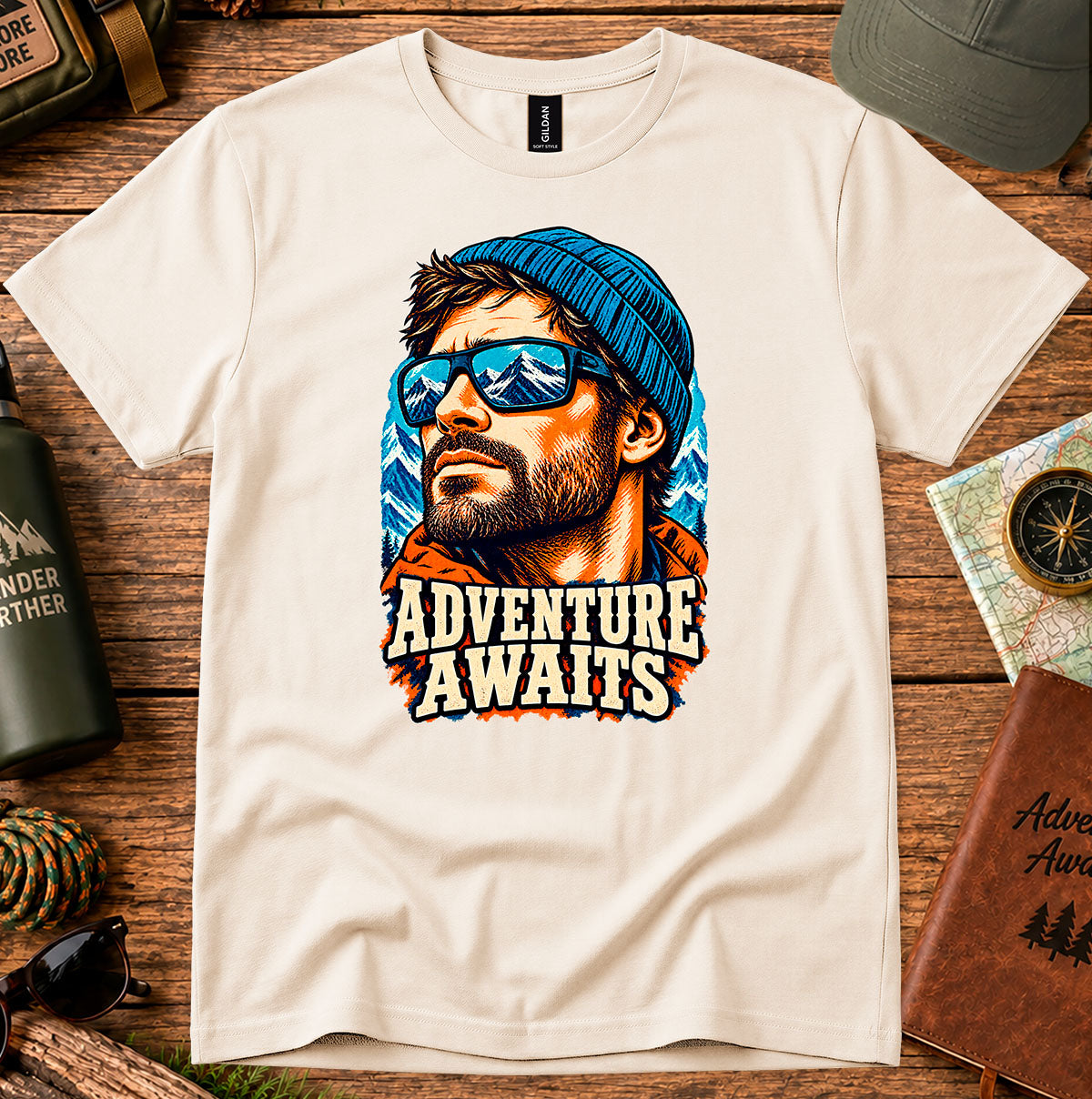 Adventure Awaits T-shirt with a vintage portrait of an outdoorsman wearing a beanie