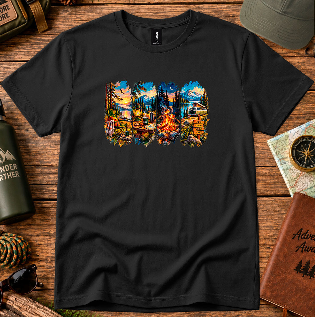 T-shirt featuring five panels of forest, lake, campfire and cabin scenes