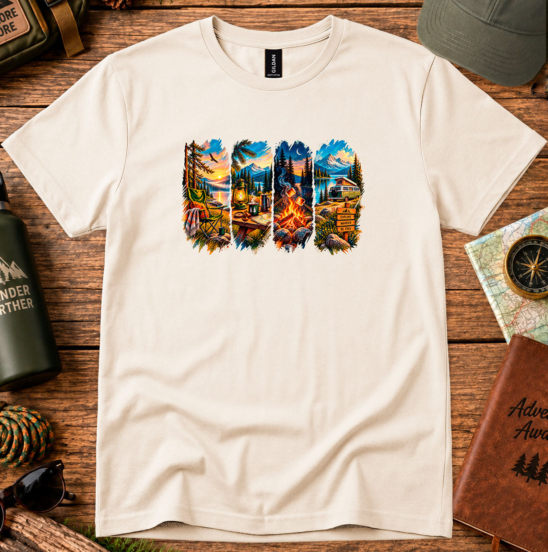 T-shirt featuring five panels of forest, lake, campfire and cabin scenes