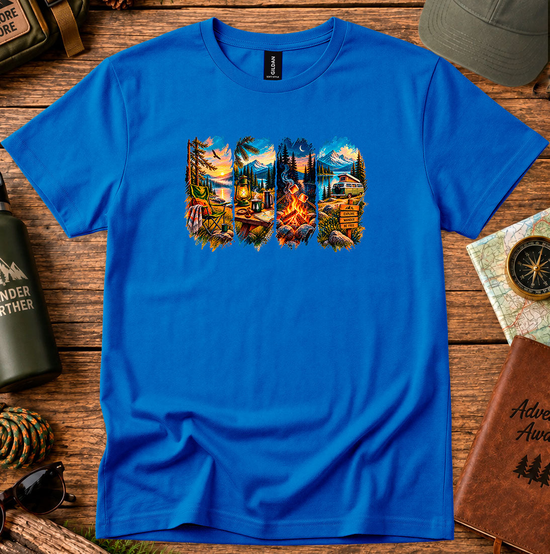 T-shirt featuring five panels of forest, lake, campfire and cabin scenes
