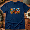 T-shirt featuring five panels of forest, lake, campfire and cabin scenes
