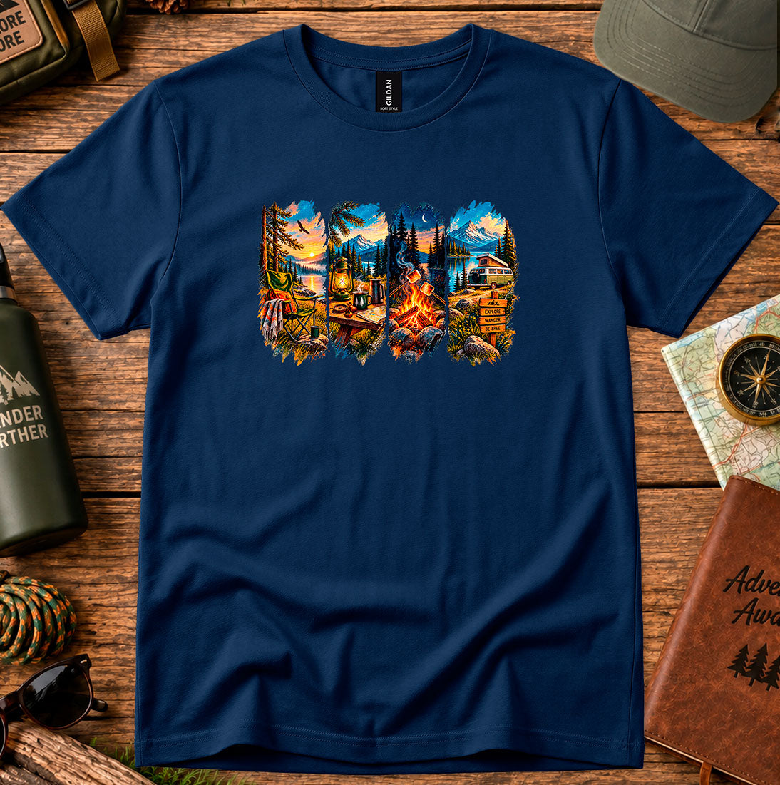T-shirt featuring five panels of forest, lake, campfire and cabin scenes