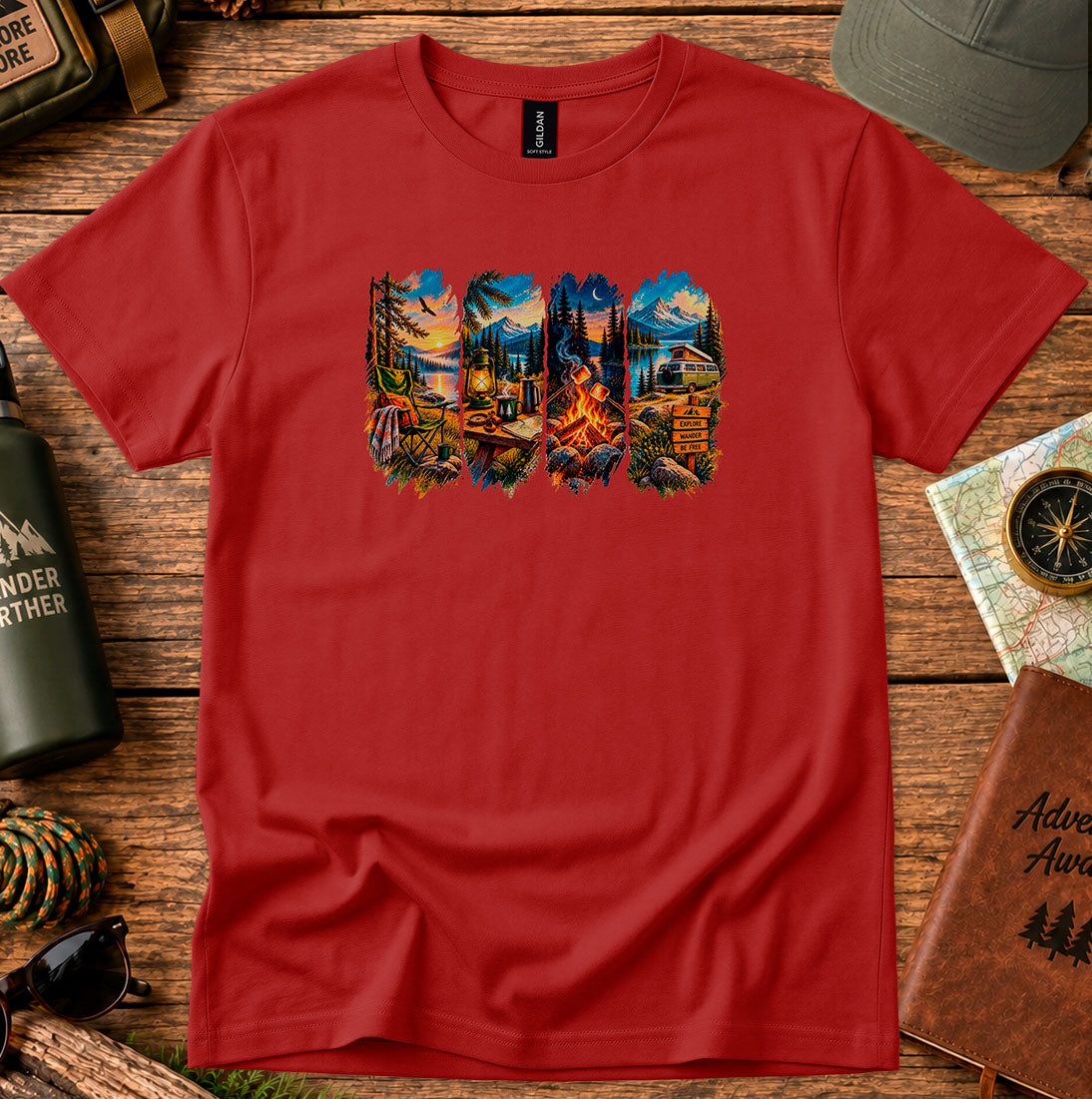 T-shirt featuring five panels of forest, lake, campfire and cabin scenes