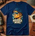 Wander More T-shirt featuring a retro traveller portrait framed by palm trees