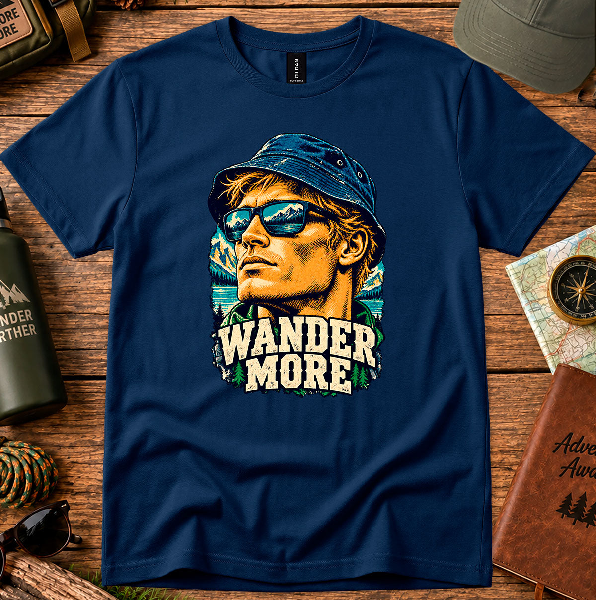 Wander More T-shirt featuring a retro traveller portrait framed by palm trees