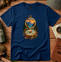 T-shirt featuring an open vintage compass framing a mountain lake and sunset