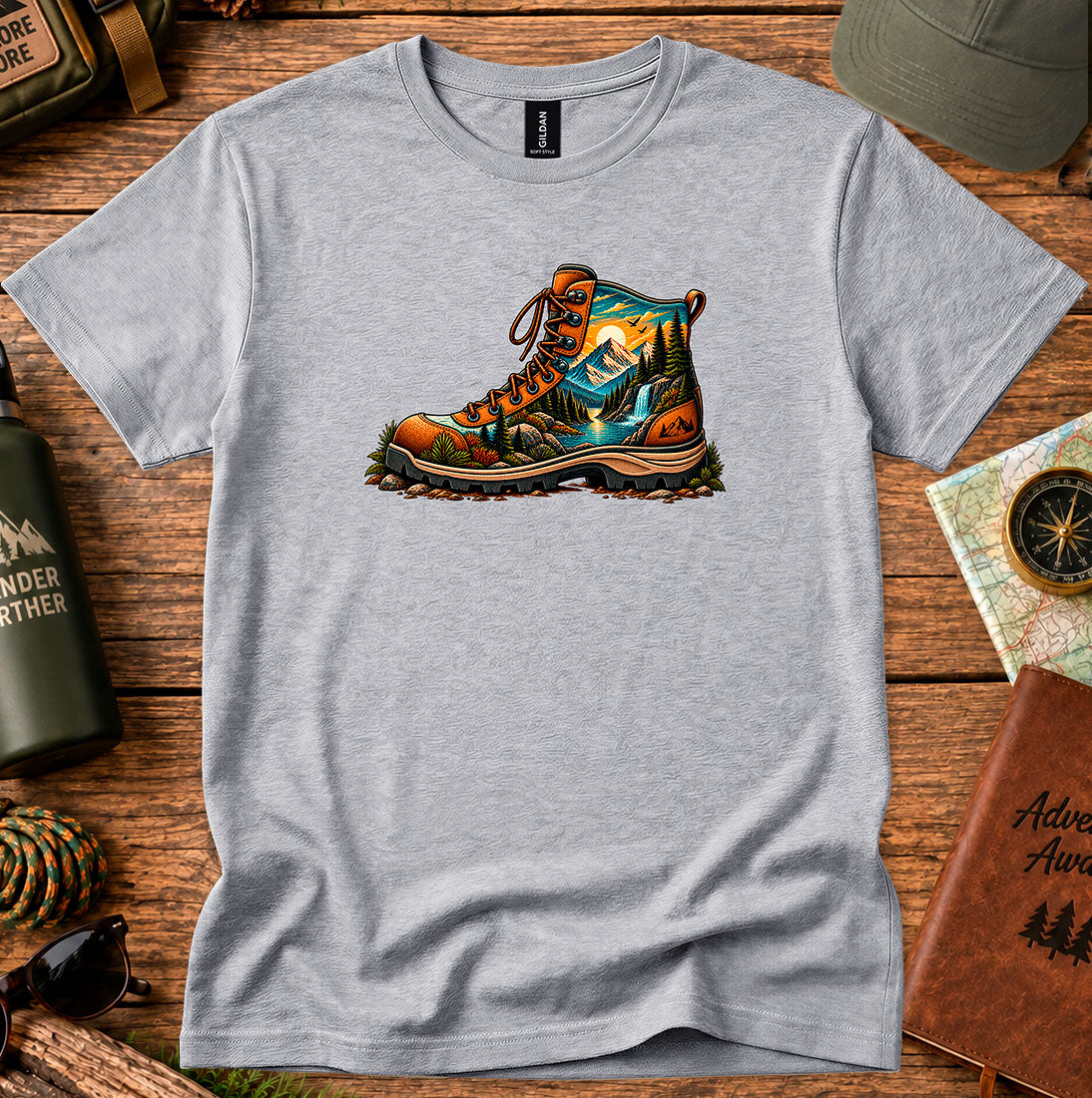 T-shirt featuring a detailed hiking boot graphic in warm forest tones