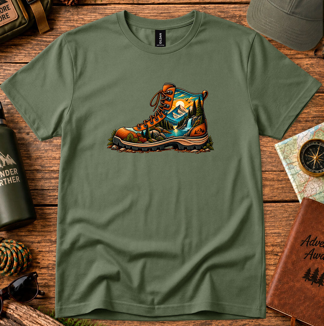 T-shirt featuring a detailed hiking boot graphic in warm forest tones