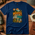 T-shirt featuring a mountain camp scene with a hot air balloon and campfire