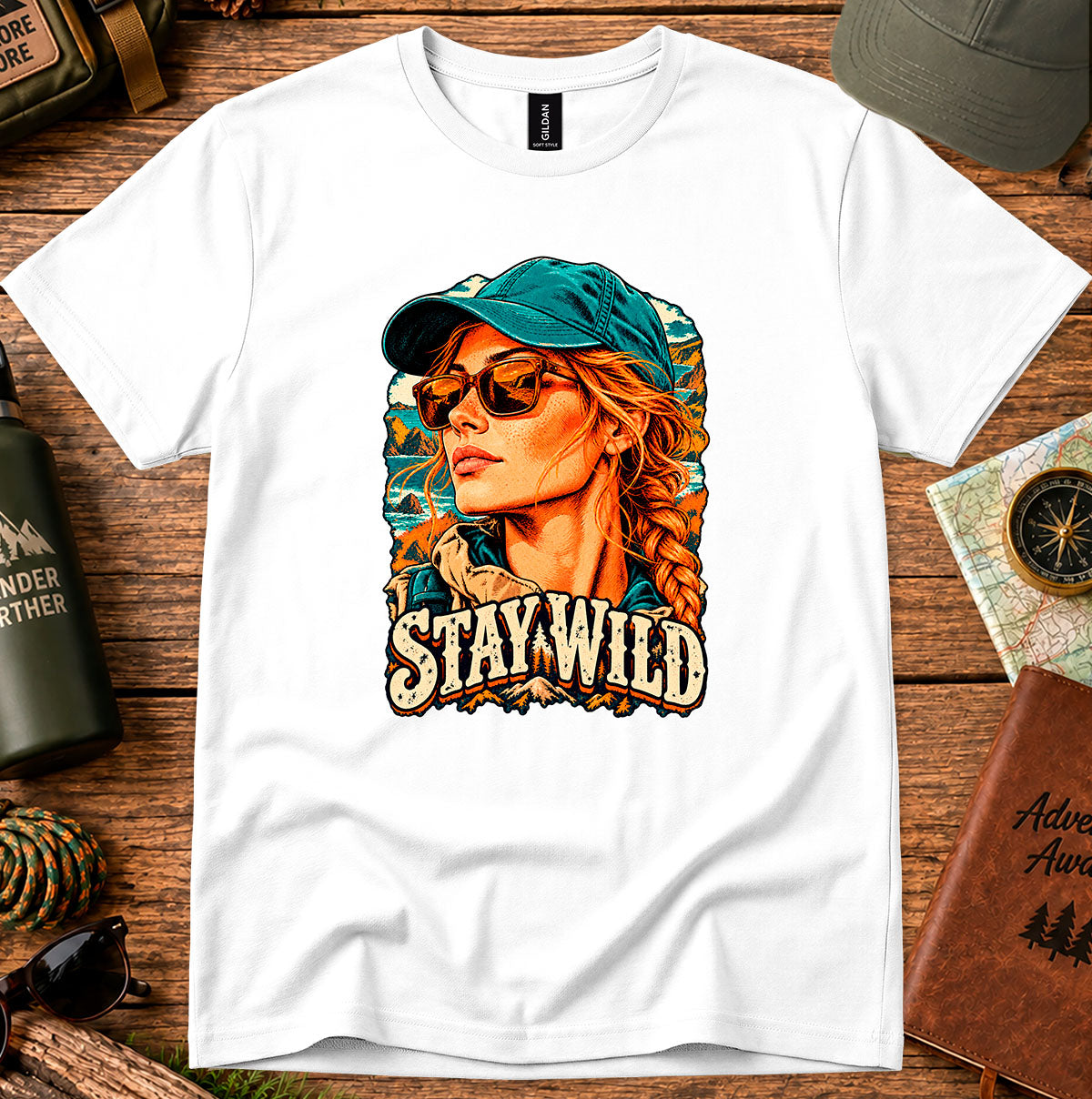 Stay Wild T-shirt with a retro portrait of a braided-haired woman wearing a cap and sunglasses