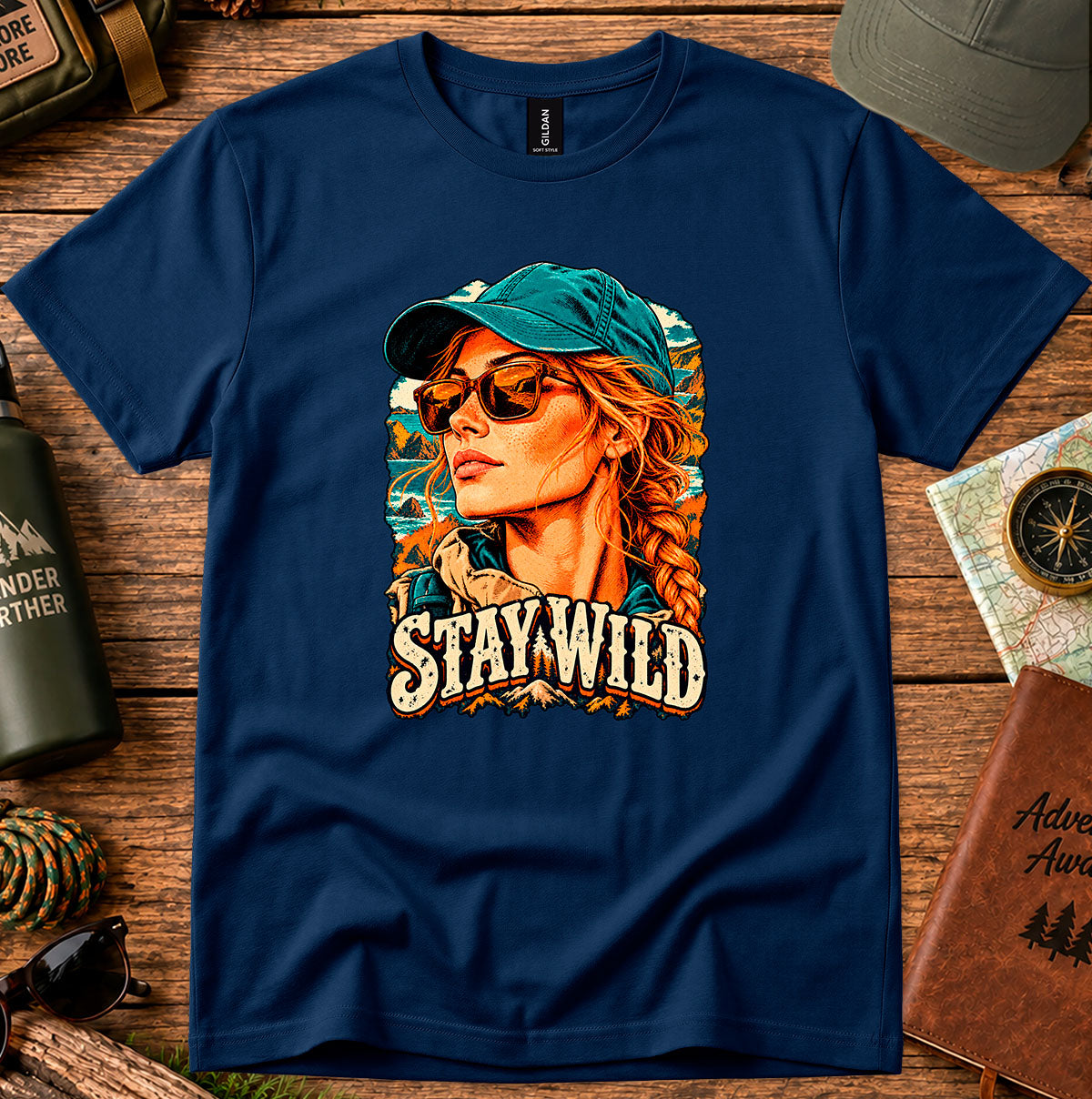 Stay Wild T-shirt with a retro portrait of a braided-haired woman wearing a cap and sunglasses